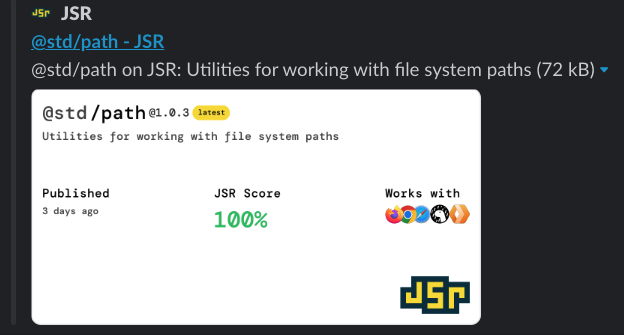 With the community contributed open graph protocol support, sharing a JSR module on Slack will unfurl with a dynamic meta image.