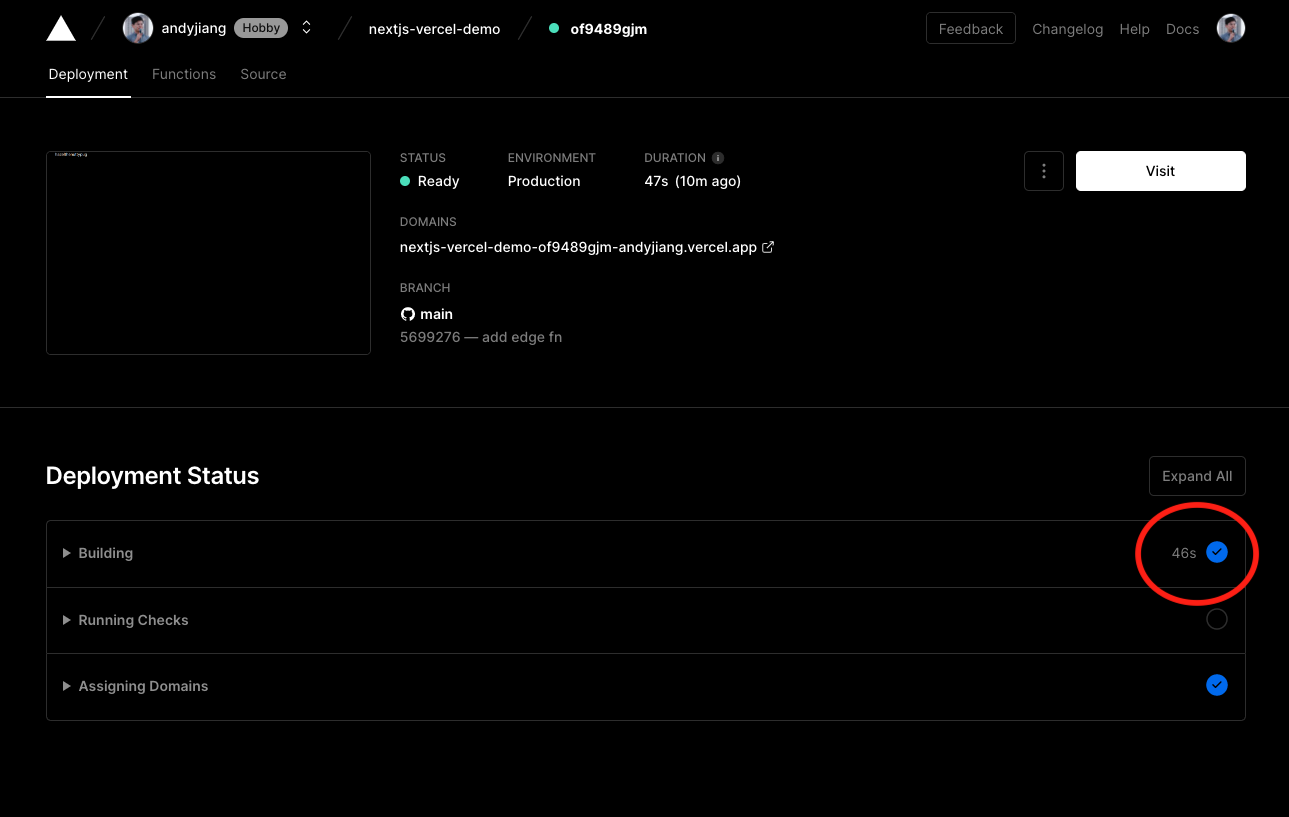 Vercel deploy build result