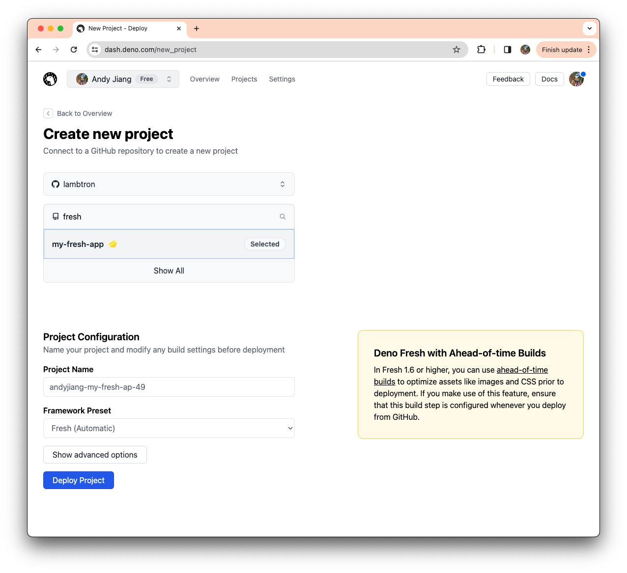 Automatically detecting a Fresh project and using Automatic preset.