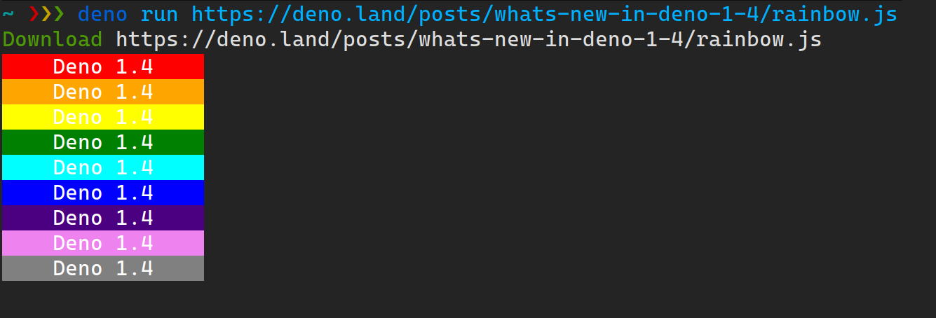 运行 `deno run https://deno.org.cn/blo/blogg/v1.4/rainbow.js` 的屏幕截图，该截图将带有 Deno 1.4 的彩虹打印到控制台
